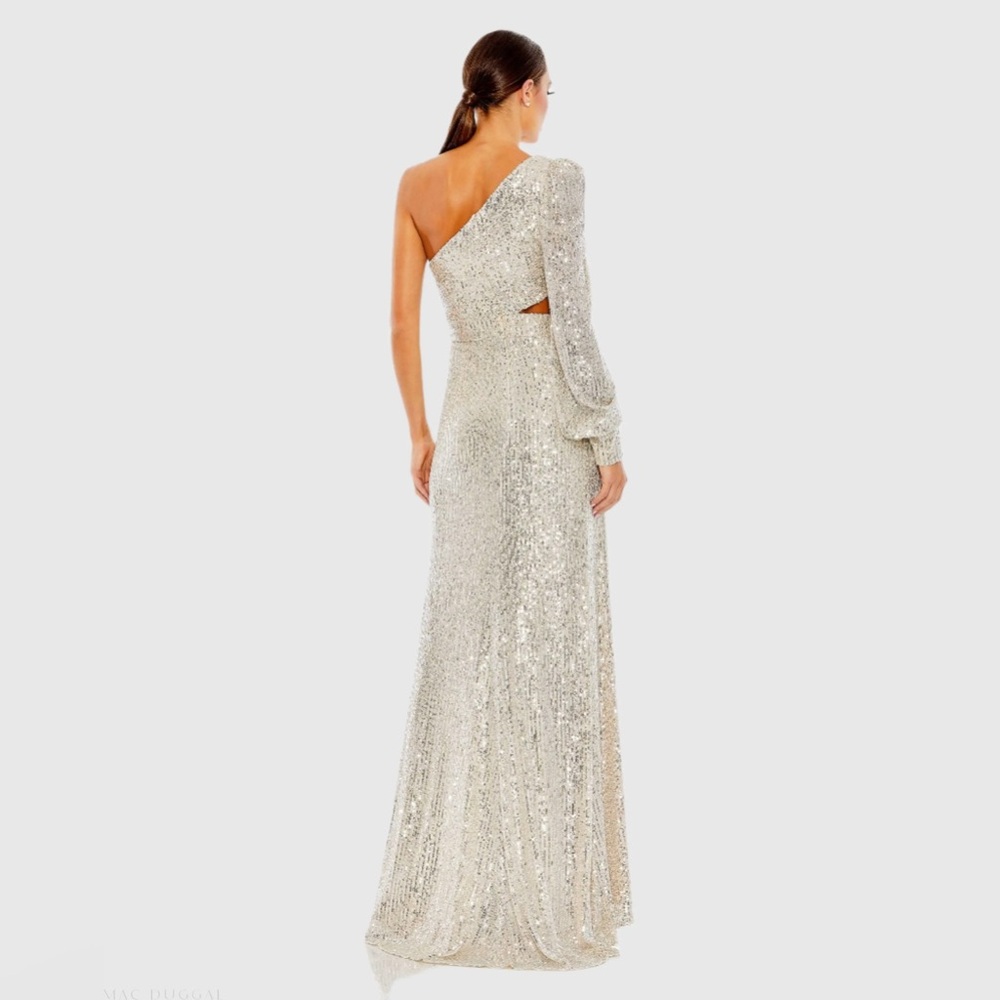 NWT $298 MAC DUGGAL Silver Sequined One Shoulder Cut Out Gown Dress 26730 - Picture 4 of 5